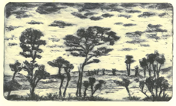 Black and white landscape scene with trees and clouds