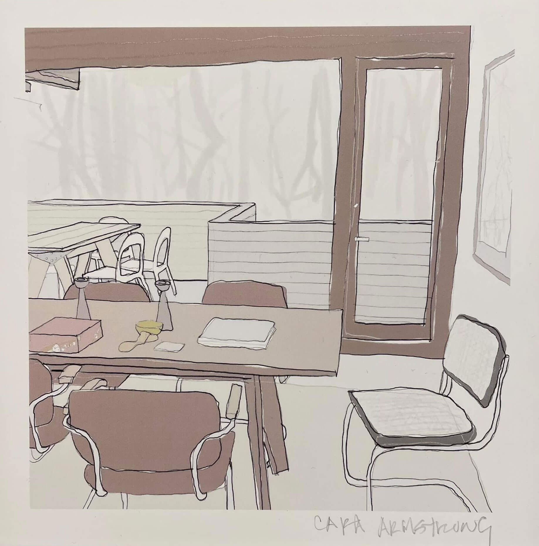 In a room looking over table and chairs out the windows