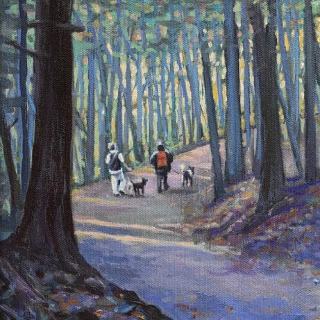 Painting of two people walking their dogs