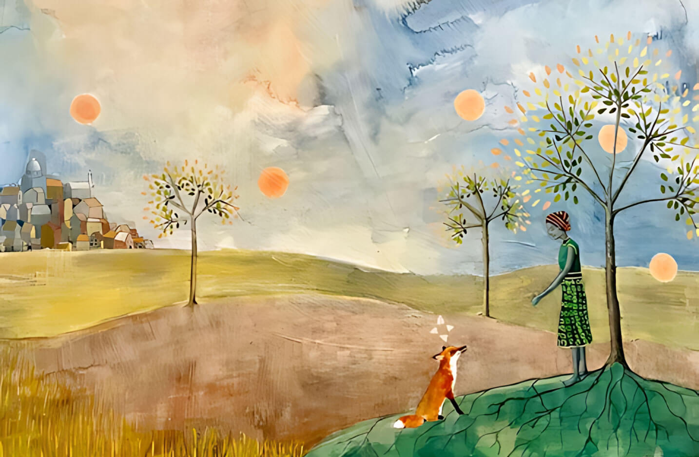 Hannah Brooks painting of a magic fox sitting in front of a women