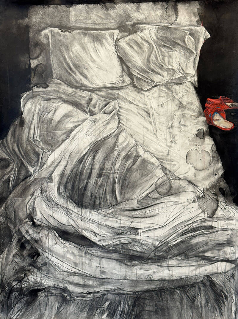 Sketch of a bed with lose white sheets losing scattered on the bed