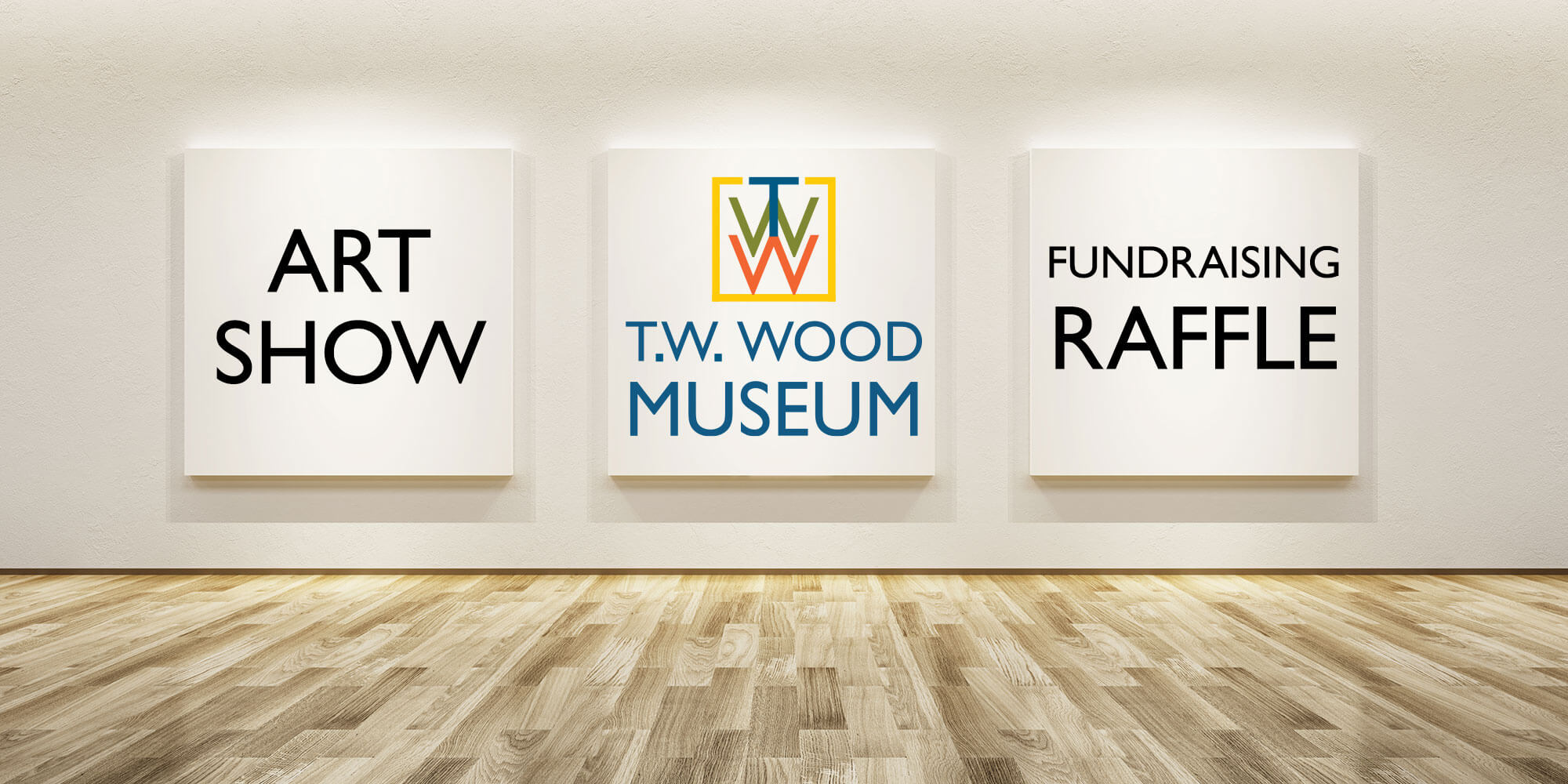 Museum wall displaying three pieces of wall art