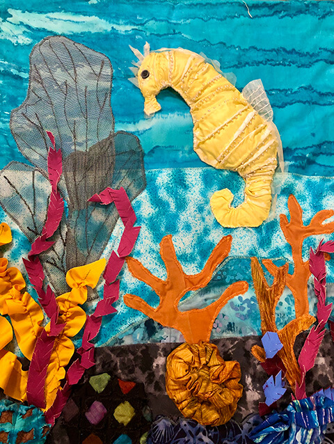 “Seahorse” textile collage by Carolyn Shapiro