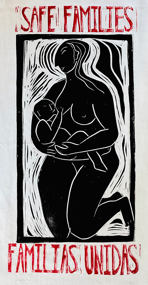 "Safe Families" linocut on fabric by Carolyn Mecklosky