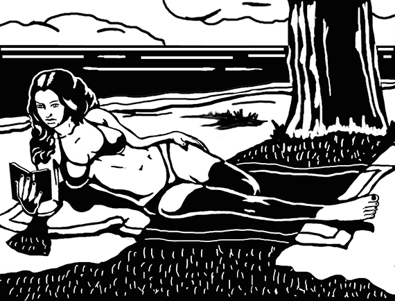 "Reader on the Beach" a Linoblock print by Robert Brunelle JR
